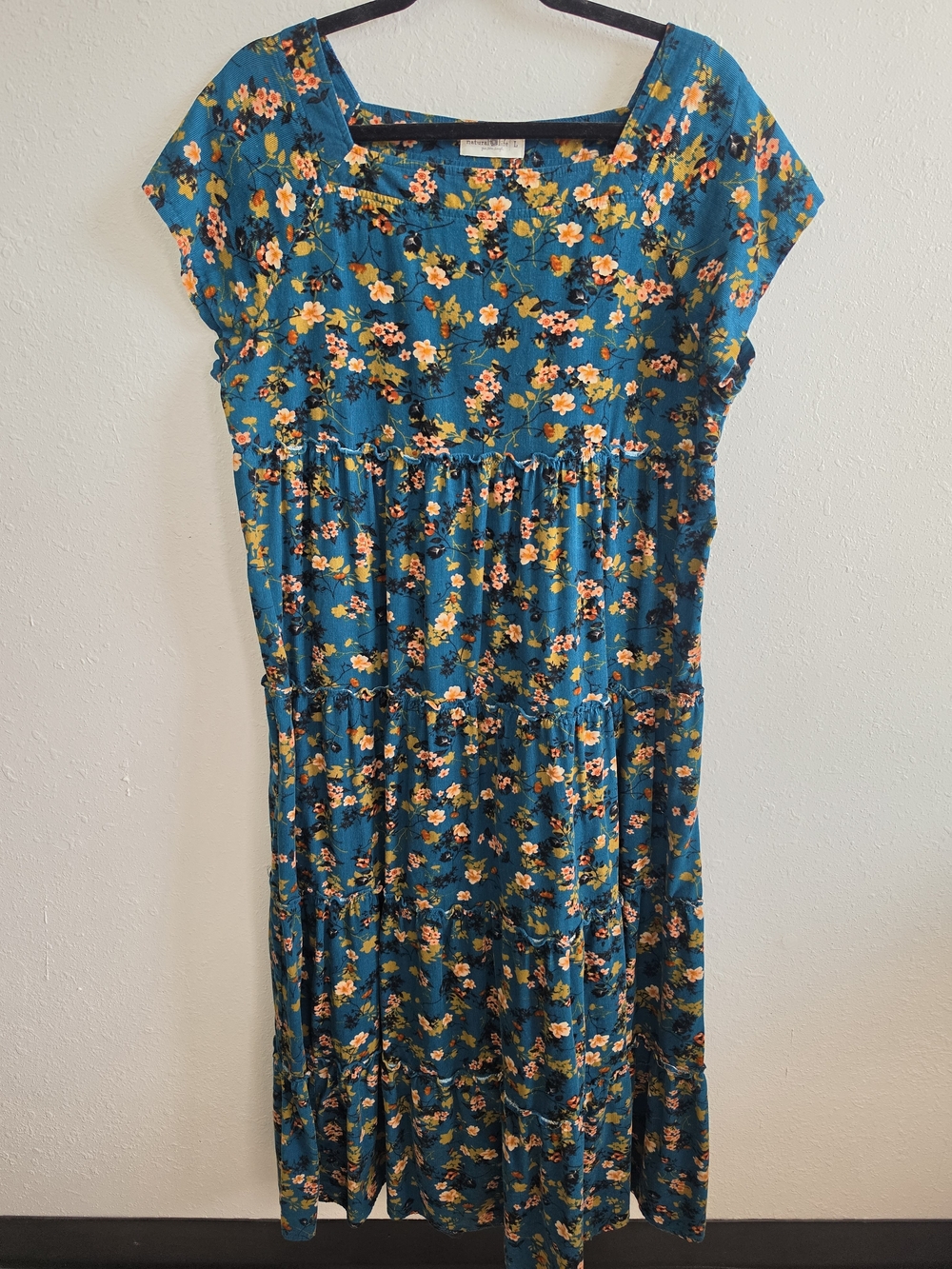 Natural Life Floral Tiered Maxi Dress L Blue 100% Cotton Square Neck Boho